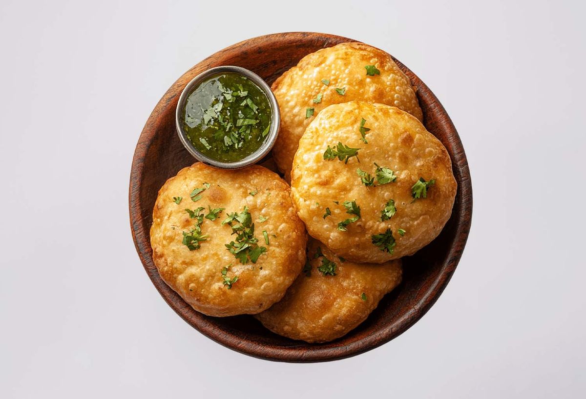 Golden, crispy fried kachoris served in a wooden bowl with fresh cilantro garnish and a side of green chutney on a light gray background.